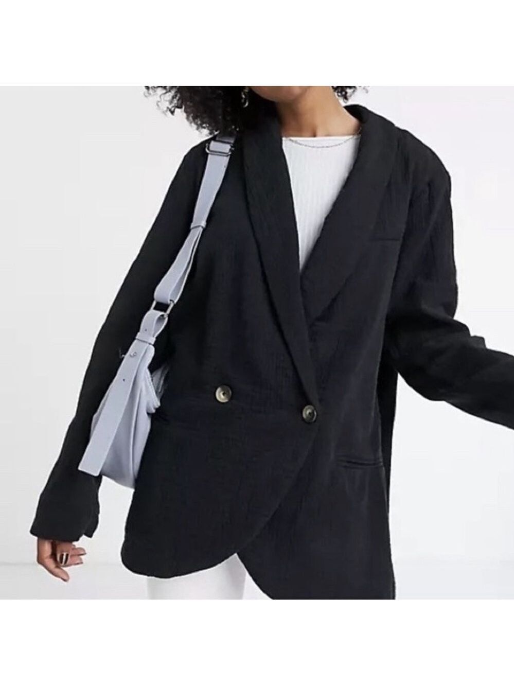 Free People Rowan Blazer Women XS 100% Cotton Gauze Crinkle Black Boho Oversized